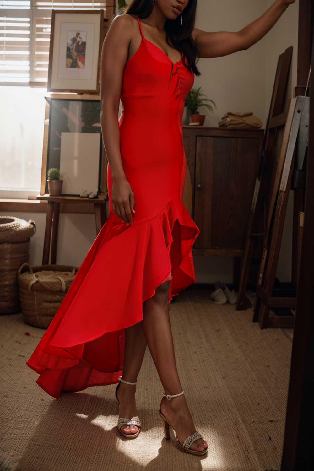 charming sling open back ruffled irregular dress 105097