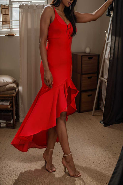 charming sling open back ruffled irregular dress 107409