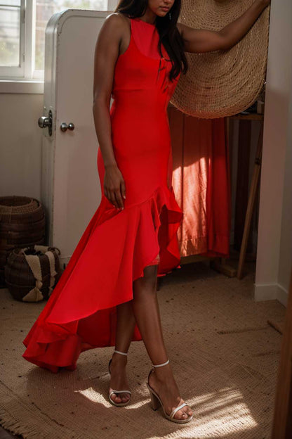 charming sling open back ruffled irregular dress 106032