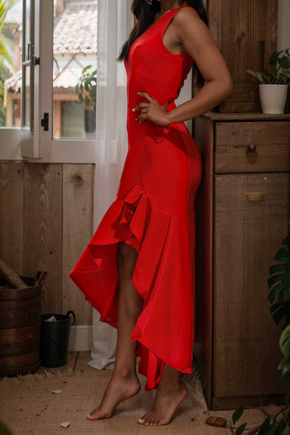 charming sling open back ruffled irregular dress 106021