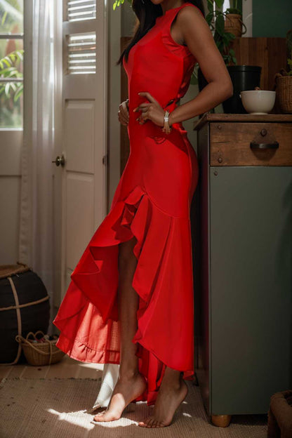 charming sling open back ruffled irregular dress 109062