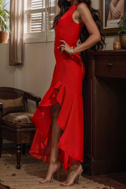 charming sling open back ruffled irregular dress 105559