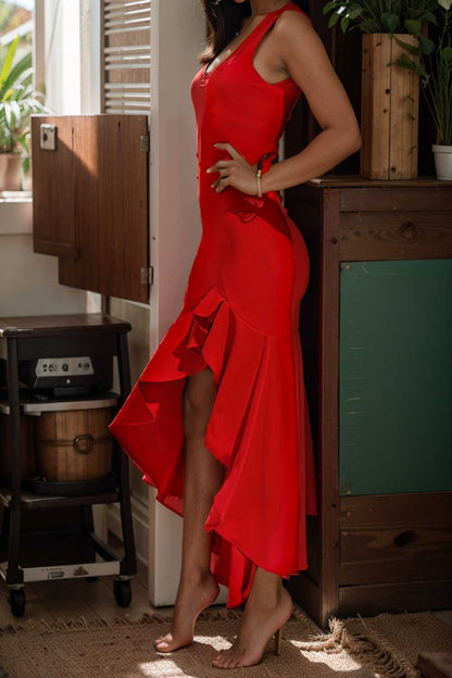 charming sling open back ruffled irregular dress 105550