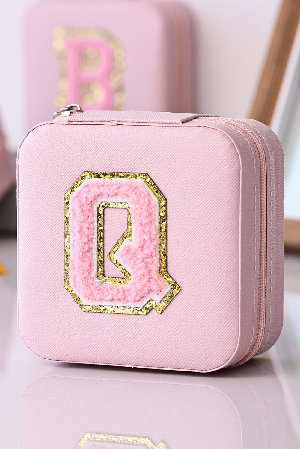 Chenille Letter Graphic Mini Jewelry Box with Mirror - Pink