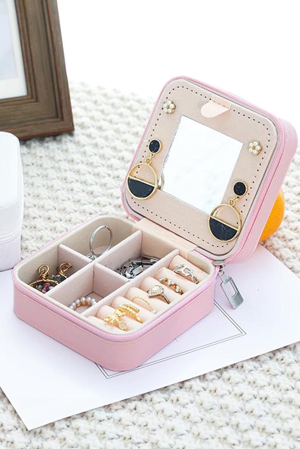 Chenille Letter Graphic Mini Jewelry Box with Mirror - Pink