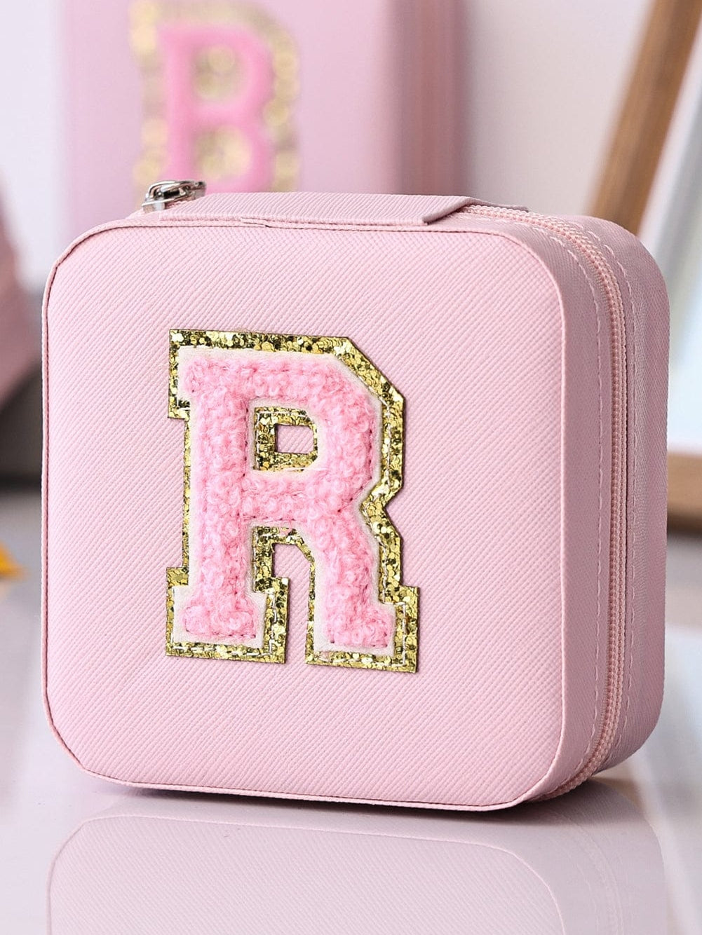 Chenille Letter Pink Jewelry Box with Mirror and Storage