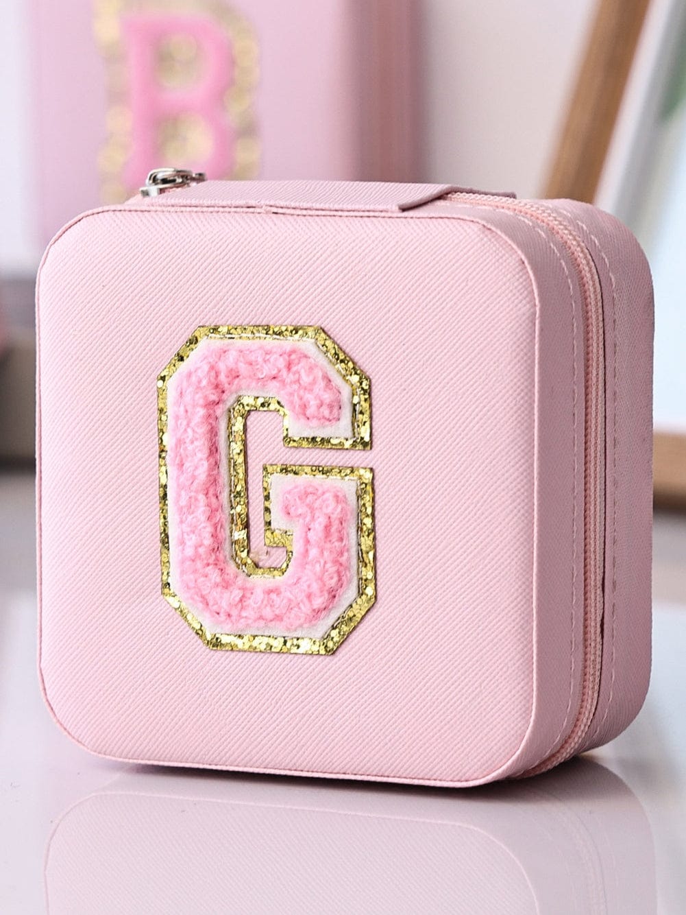 Chenille Letter Pink Jewelry Storage Case with Mirror