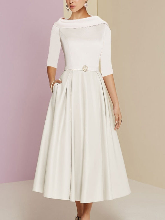 A-Line Mother of the Bride Dress Wedding Guest Vintage Elegant Jewel Neck Tea Length Charmeuse Half Sleeve with Pleats Crystals 2023 - LuckyFash™