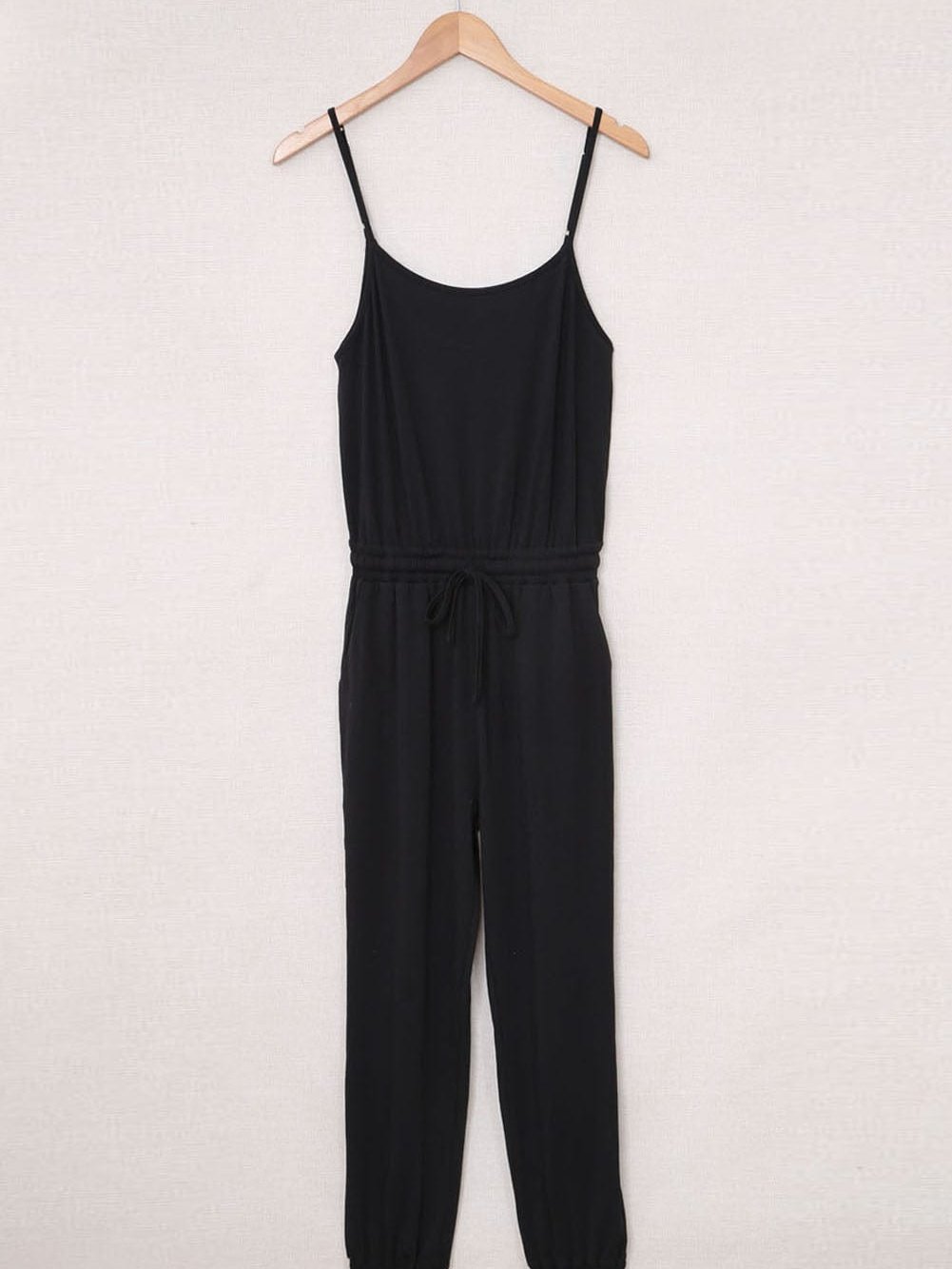 Chic Black Spaghetti Strap Jumpsuit with Drawstring Waist