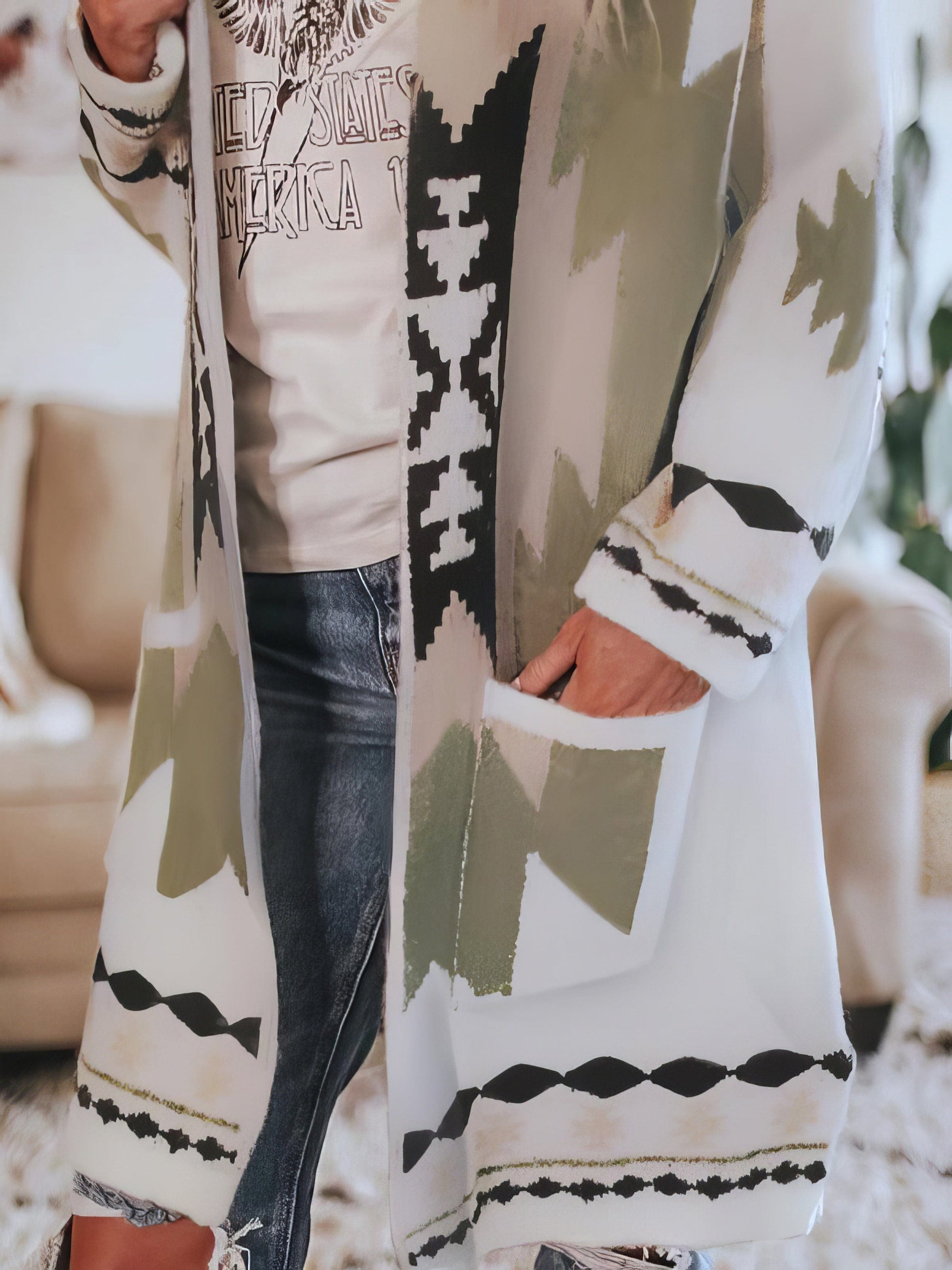 Chic Graphic Print Casual Long Sleeve Overcoat