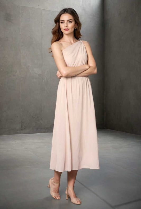 chic one shoulder sleeveless long dress with slit apricot 119507