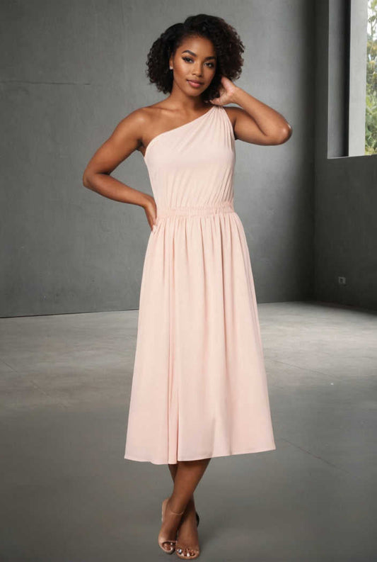 chic one shoulder sleeveless long dress with slit apricot 119226