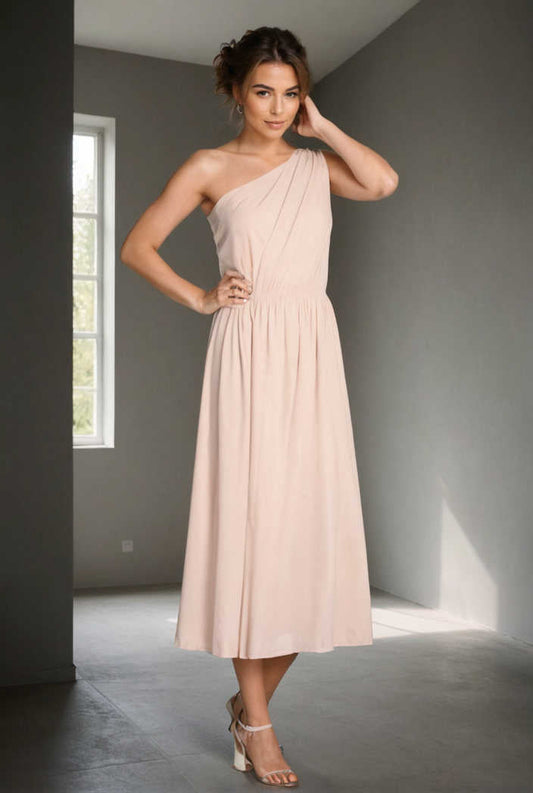 chic one shoulder sleeveless long dress with slit apricot 117909