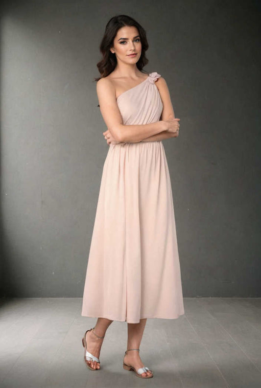 chic one shoulder sleeveless long dress with slit apricot 119464