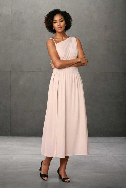 chic one shoulder sleeveless long dress with slit apricot 118072