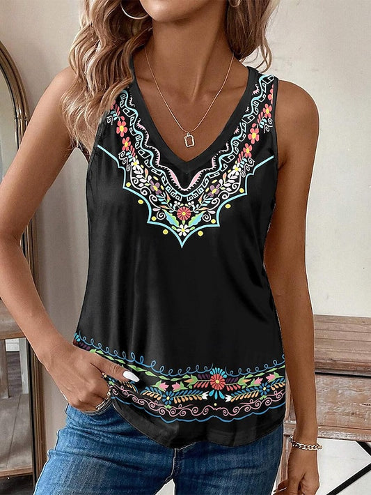 Women's Tank Top Vacation Print Black Sleeveless Vintage Ethnic Boho V Neck Summer