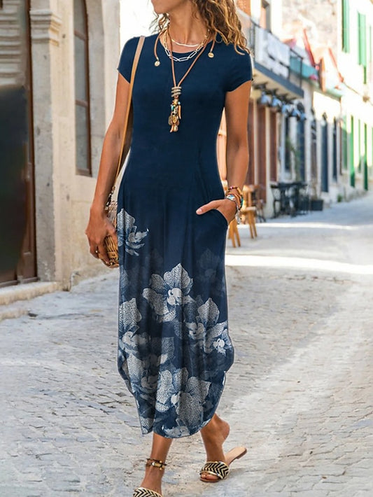 Women's Casual Dress Shift Dress Long Dress Maxi Dress Dark Blue Short Sleeve Floral Pocket Spring Summer Crew Neck Casual 2023 S M L XL XXL XXXL - LuckyFash™