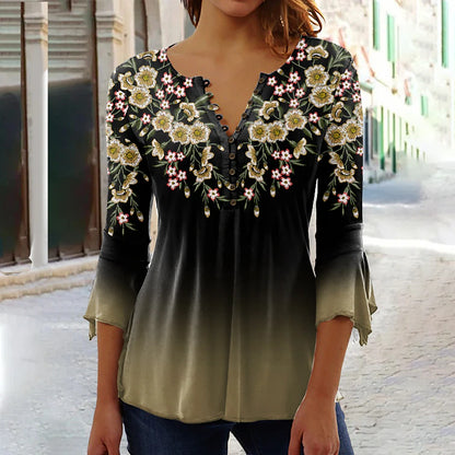 Women's Shirt Blouse Floral Holiday Button Print Yellow 3/4 Length Sleeve Basic Round Neck