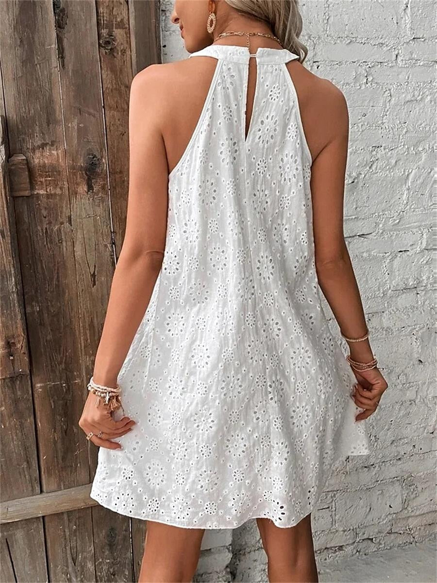 Women's White Dress Lace Dress Casual Dress Mini Dress Cotton Eyelet Daily Vacation Halter Neck Sleeveless Summer Spring Black White Plain