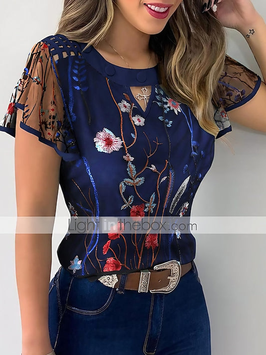 Women's Shirt T shirt Tee Blouse Eyelet top Floral Flower Casual Daily Black Short Sleeve Elegant Round Neck Summer