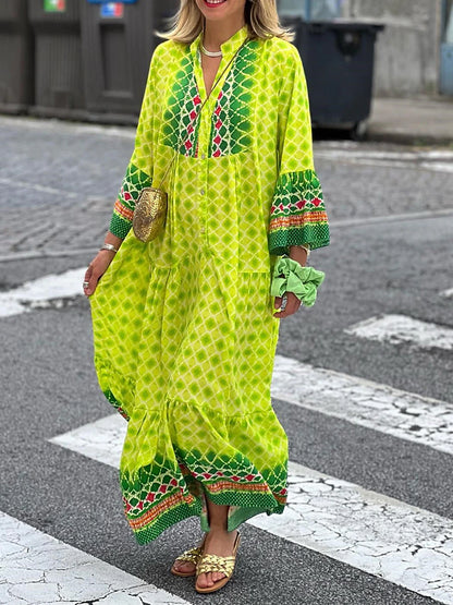 Women‘s Caftan Dress Long Dress Maxi Dress Casual Dress Swing Dress Print Dress Geometric Fashion Modern Outdoor Daily Holiday Button Print 3/4 Length Sleeve Stand Collar Dress Loose Fit Yellow