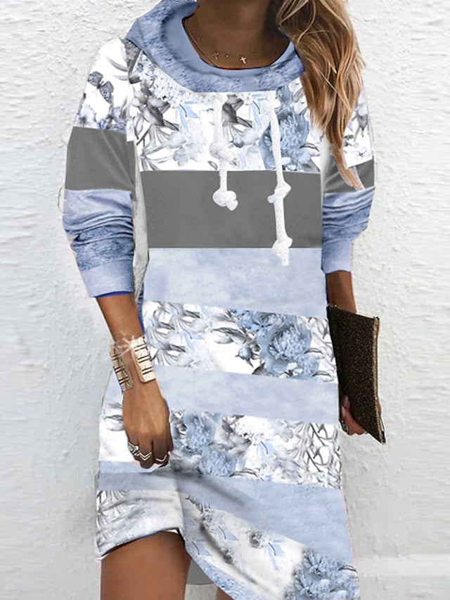 Women‘s Hoodie Dress Winter Dress Blue Purple Pink Long Sleeve Floral Print Winter Fall Hooded Vacation Casual Fall Dress 2022 S M L XL XXL 3XL