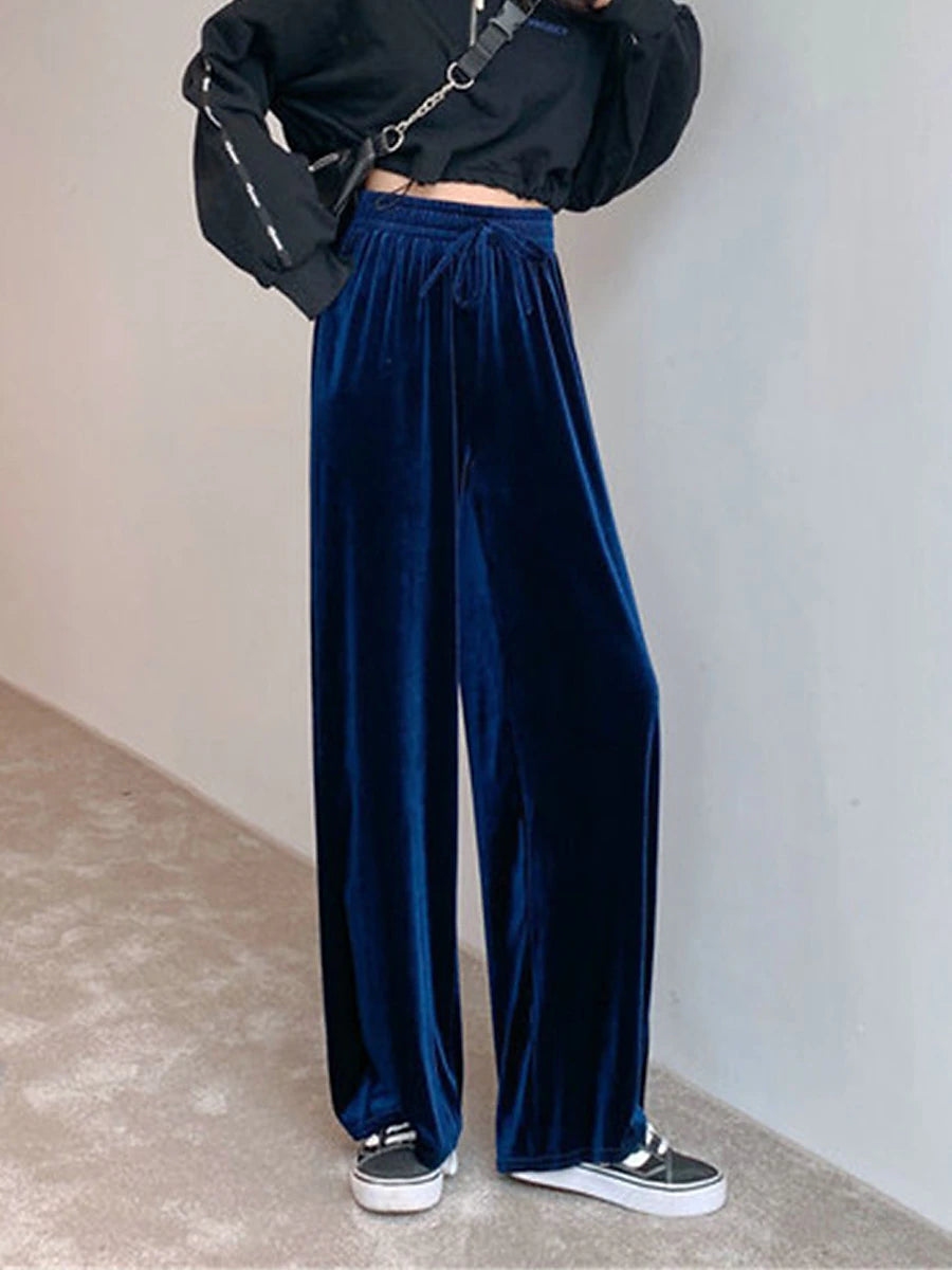 Women‘s Wide Leg Velvet Pants Trousers Baggy Full Length Pocket Micro-elastic High Waist Fashion Streetwear Party Peacock Blue Black S M Fall & Winter