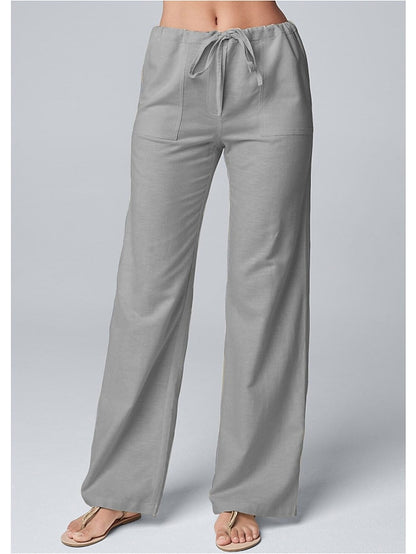 Women's Wide Leg Pants Trousers Cotton Faux Linen White Khaki Grey Fashion Casual Daily Side Pockets Wide Leg Full Length Comfort Plain S M L XL 2XL - LuckyFash™