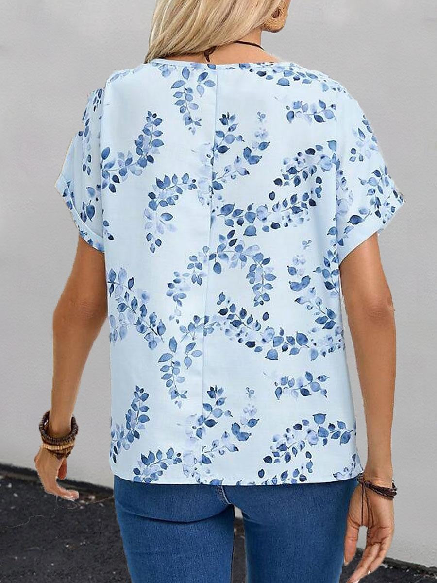 Women's Tunic Leaf Daily Button Blue Short Sleeve Daily Casual Crew Neck Summer