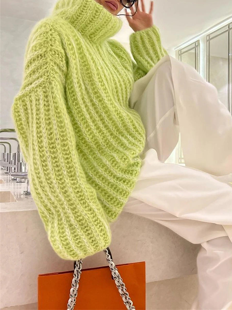 Women's Pullover Sweater Jumper Turtleneck Chunky Knit Acrylic Oversized Fall Winter Outdoor Daily Going out Stylish Casual Soft Long Sleeve Solid Color White Pink Green S M L