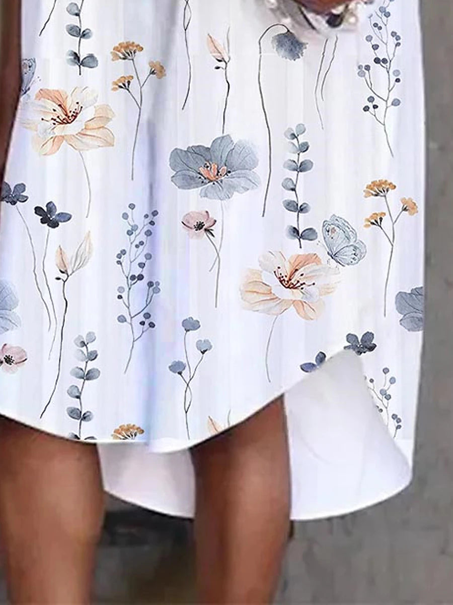 Women's White Dress Shirt Dress Casual Dress Midi Dress Print Asymmetric Daily Vacation Shirt Collar Short Sleeve Summer Spring White Floral