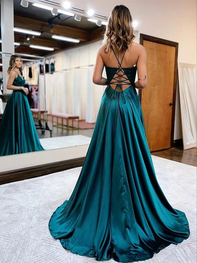 A-Line Prom Dresses Empire Dress Formal Court Train Sleeveless V Neck Satin Backless with Beading Appliques 2023 - LuckyFash™