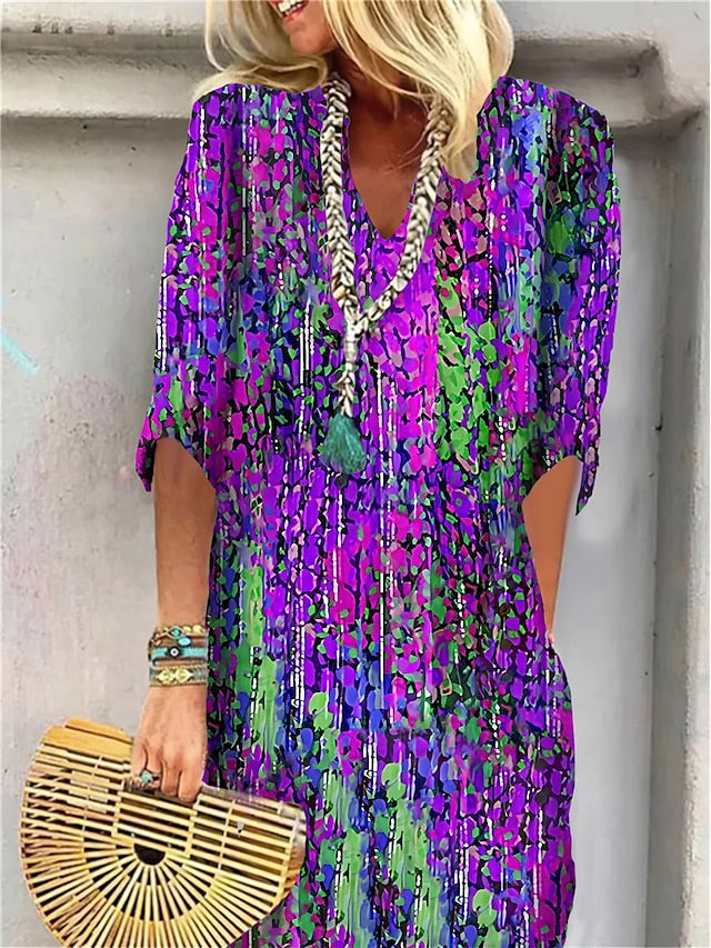 Women's Shift Dress Color Block Print Split Neck Midi Dress Daily Date Half Sleeve Summer Spring