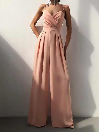 Women's Summer V Neck Spaghetti Straps  Elegant Wedding Party Jumpsuit High Waist Wide Leg Pleated Long Pants Casual Rompers with Pockets - LuckyFash™