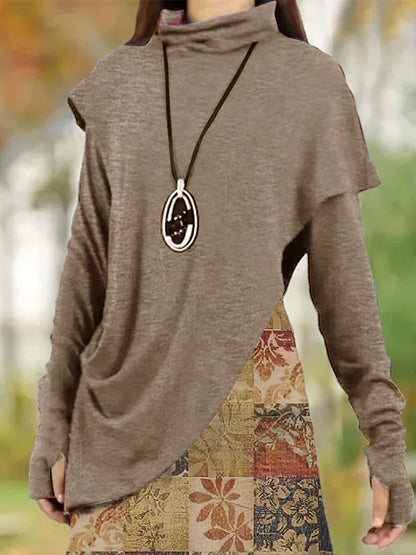 Women's Casual Dress Shift Dress Floral Leaf Patchwork Cowl Neck Mini Dress Vintage Ethnic Daily Long Sleeve Fall Winter