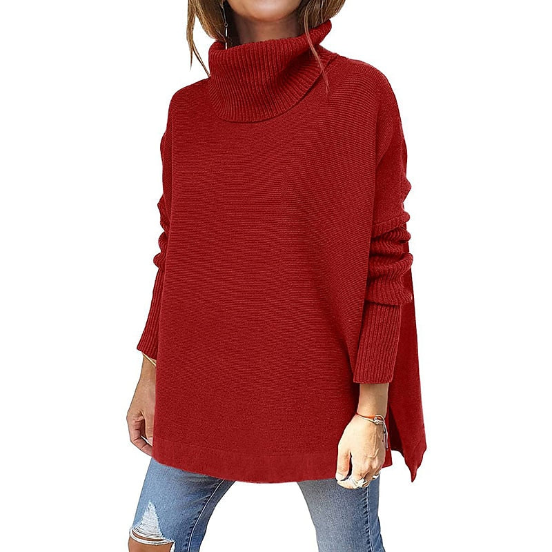 Women's Pullover Sweater Jumper Pullover Jumper Turtleneck Knit Acrylic Knitted Drop Shoulder Fall Winter Tunic Daily Stylish Long Sleeve Solid Color Black Wine Navy Blue S M L