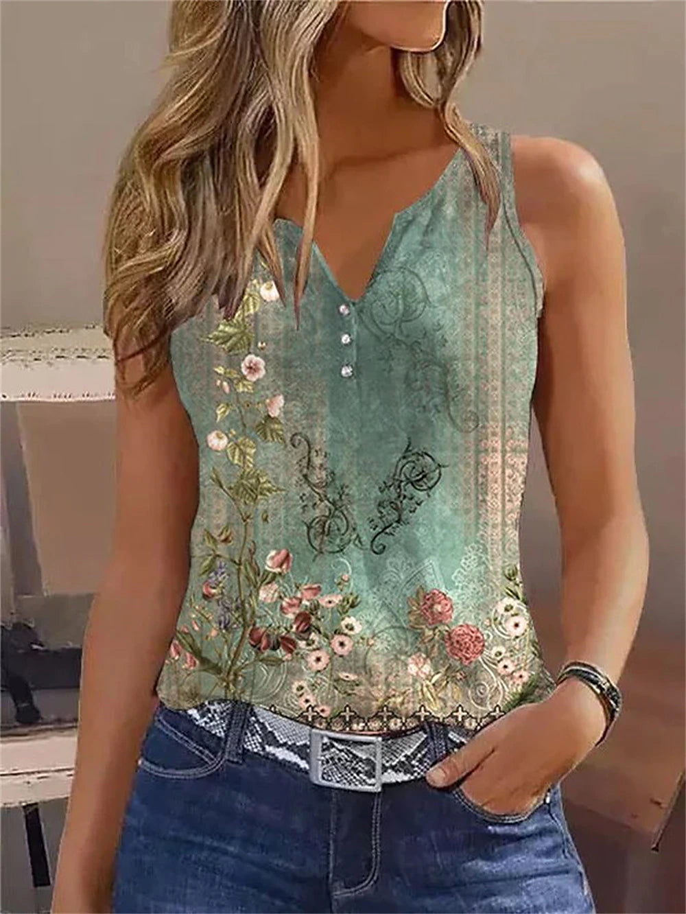 Women's Tank Top Floral Casual Holiday Button Print White Short Sleeve Basic V Neck