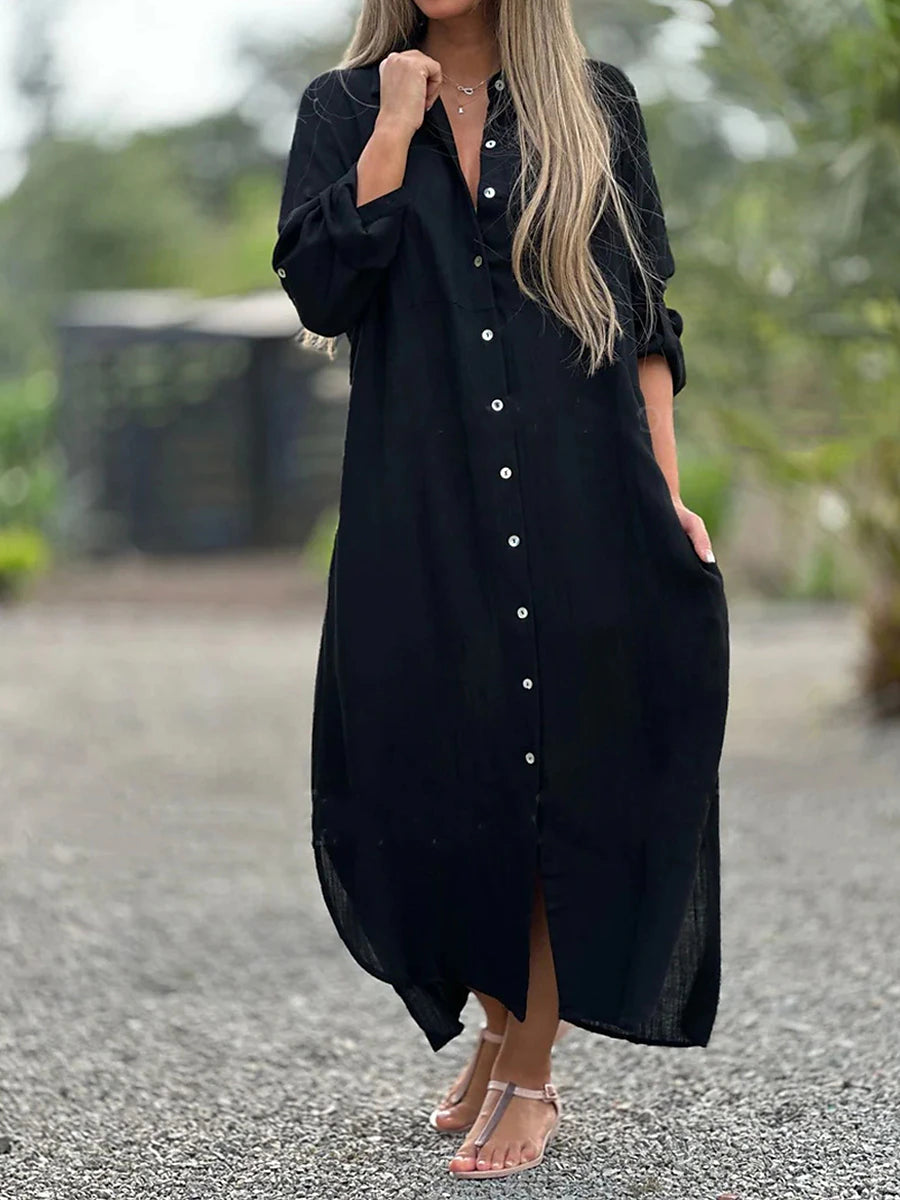 Women's Shirt Dress Casual Dress Cotton Summer Dress Maxi Dress Linen Button Pocket Basic Daily Vacation Shirt Collar Long Sleeve Fall Winter Autumn Black White Plain