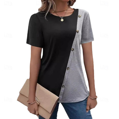 Women's T shirt Tee Color Block Daily Weekend Button Black Short Sleeve Fashion Round Neck Summer