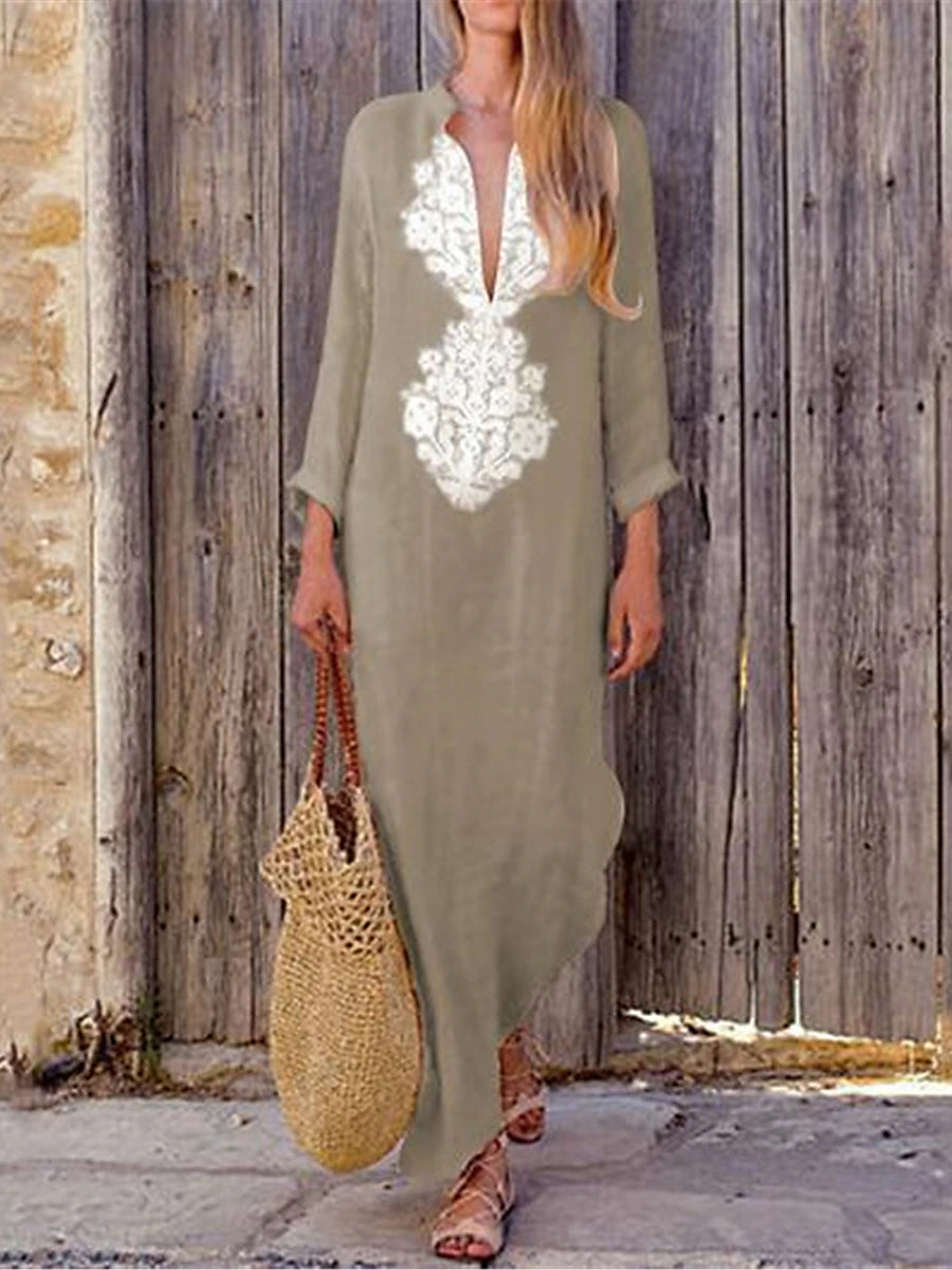 Women's V-Neck Embroidered Cotton Linen Maxi Dress Casual Split Long Sleeve for Summer Spring Fall 2024 Spring