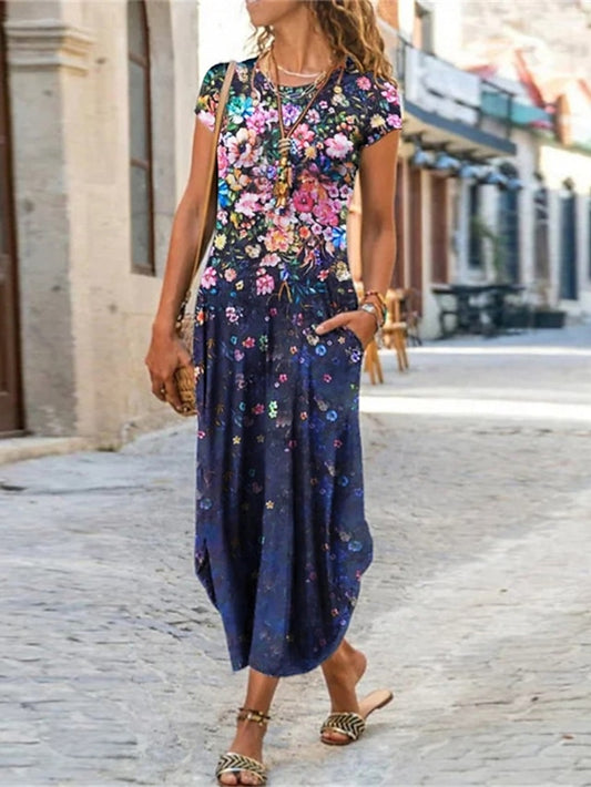 Women's Casual Dress Shift Dress Floral Dress Long Dress Maxi Dress Black Pink Blue Short Sleeve Tie Dye Pocket Summer Spring Crew Neck Basic Loose Fit 2023 S M L XL XXL - LuckyFash™