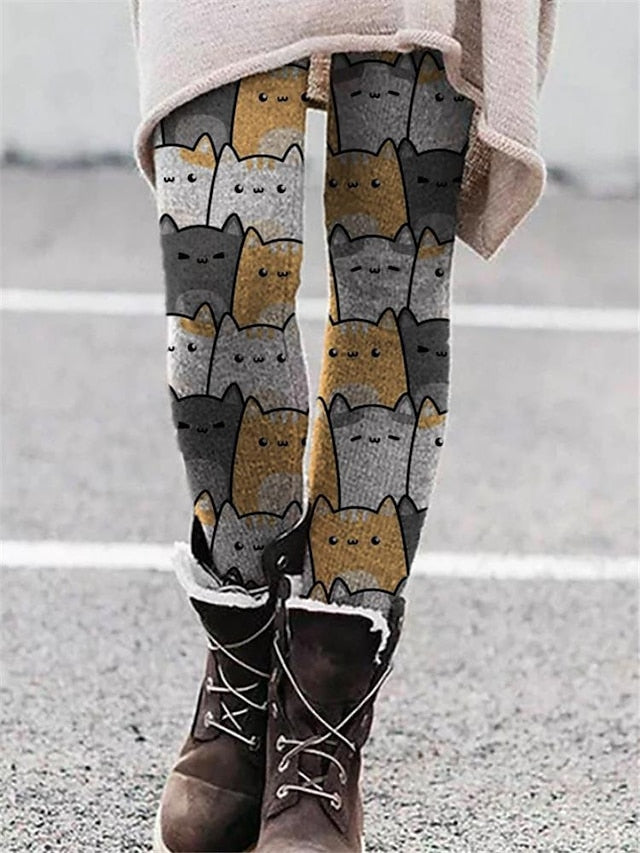 Women's Tights Normal Polyester Geometric Cat Picture color 1 Picture color 2 Fashion Mid Waist Full Length Halloween Daily