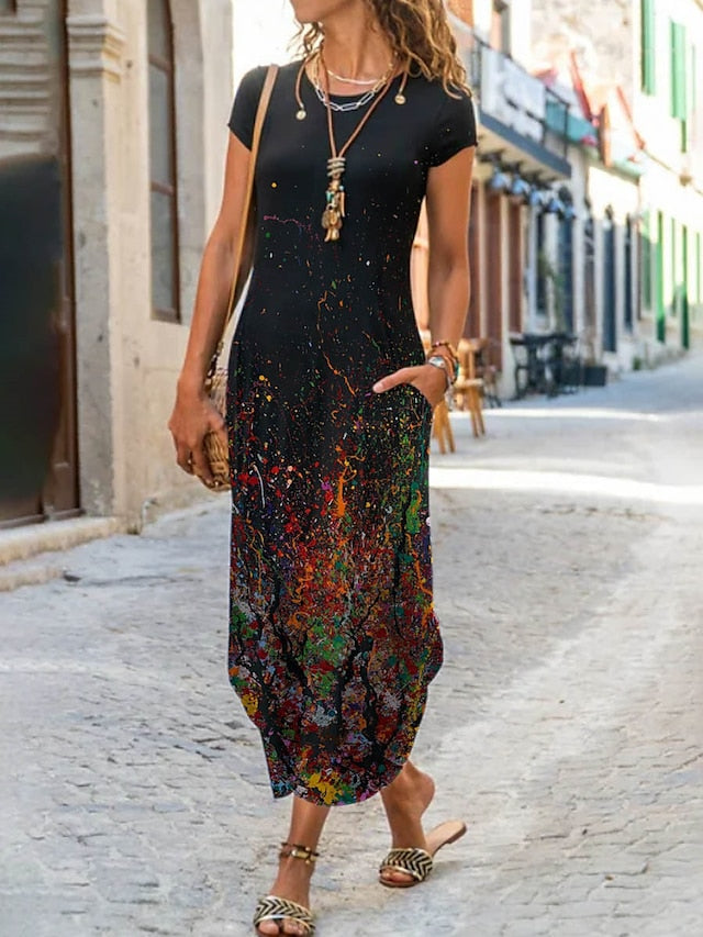 Women's Long Dress Maxi Dress Casual Dress Shift Dress Summer Dress Floral Geometric Feather Fashion Streetwear Outdoor Daily Going out Pocket Split Short Sleeve Crew Neck Dress Regular Fit Black - LuckyFash™