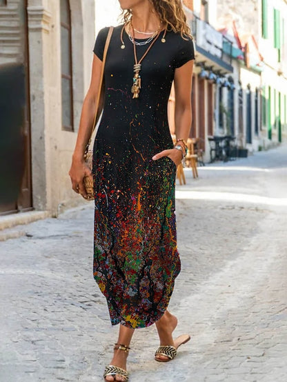 Women's Long Dress Maxi Dress Casual Dress Shift Dress Summer Dress Floral Geometric Feather Fashion Streetwear Outdoor Daily Going out Pocket Split Short Sleeve Crew Neck Dress Regular Fit Black - LuckyFash™
