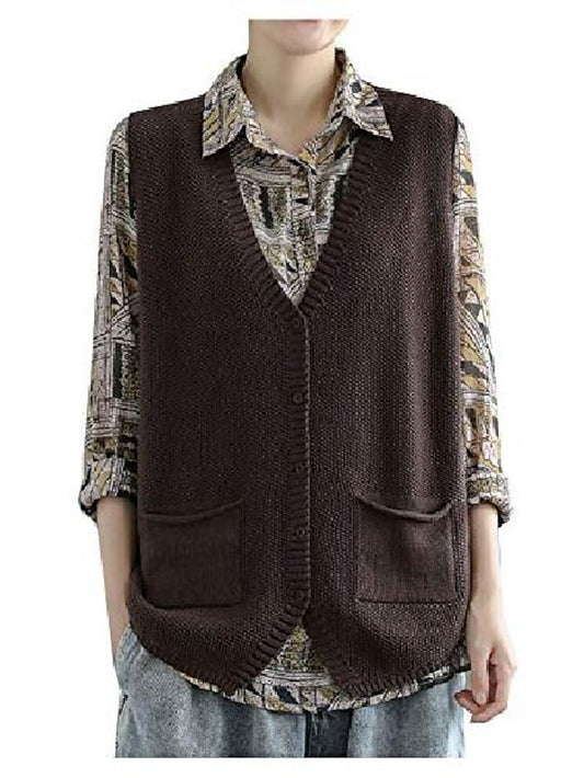 Women's Sweater Vest Jumper Knit Pocket Knitted Solid Color V Neck Basic Casual Daily Fall Spring khaki Dark Gray S M L / Sleeveless / Sleeveless / Regular Fit - LuckyFash™