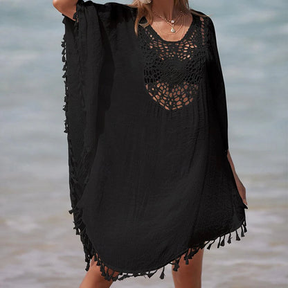 Women's Summer Dress Cover Up Tassel Cut Out Beach Wear Holiday Sleeveless Black White Blue Color