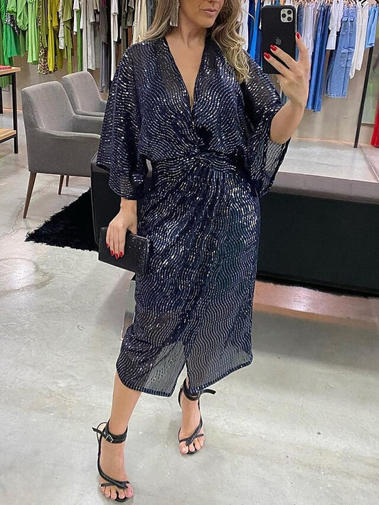 Women's Sequin Dress Party Dress Cocktail Dress Sequins Sparkle V Neck 3/4 Length Sleeve Midi Dress Navy Blue Spring Winter