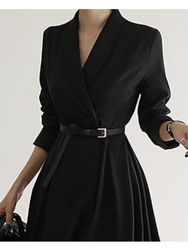 Women's Work Dress Blazer Dress Black Dress Midi Dress Black Long Sleeve Pure Color With Belt Winter Fall Spring Shirt Collar Fashion Wedding Winter Dress Office 2023 S M L XL 2XL 3XL - LuckyFash™