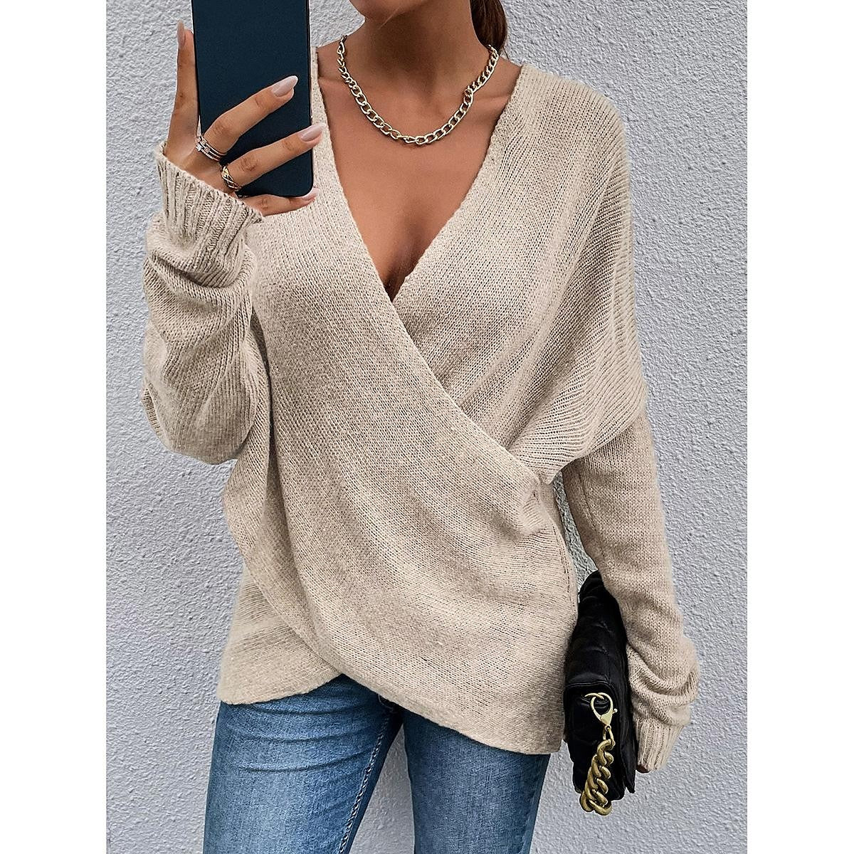 Women's Sweater Pullover Jumper Criss Cross Knitted Solid Color Stylish Casual Long Sleeve Regular Fit Sweater Cardigans V Neck Fall Winter Blue Purple Pink / Holiday / Going out