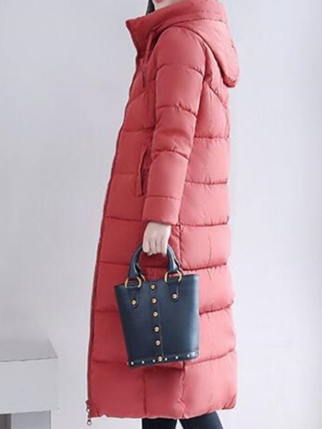 Women's Puffer Jacket Hoodie Jacket Street Daily Valentine's Day Winter Fall Long Coat Regular Fit Warm Breathable Casual Jacket Long Sleeve Solid Color Full Zip Black Dusty Rose Khaki / Going out - LuckyFash™